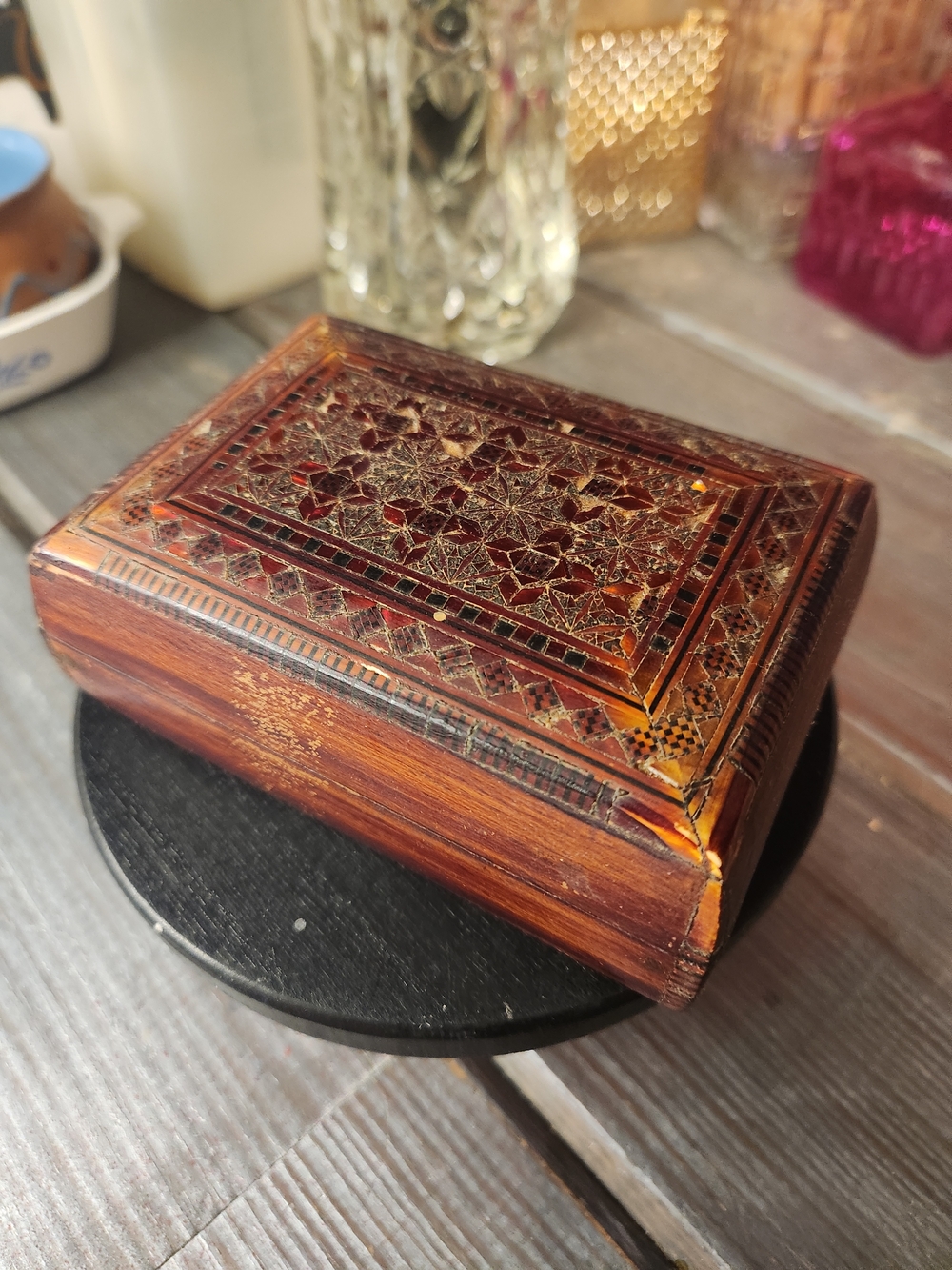 Handcrafted Wooden Inlay Jewelry Box - Brown, Red And Black Accents